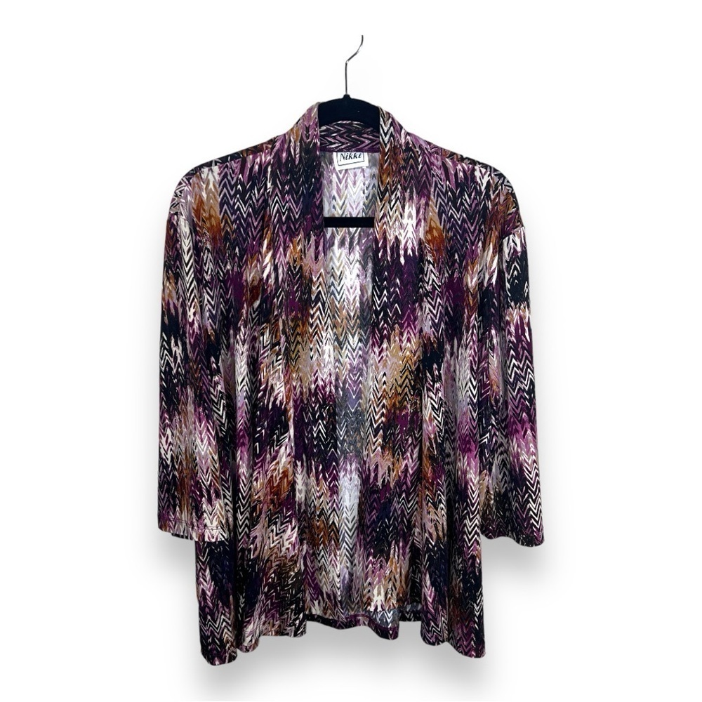 XL VINTAGE NIKKI SHRUG BLOUSE TOP PURPLE BEIGE WHITE LONG SLEEVE OPEN FRONT